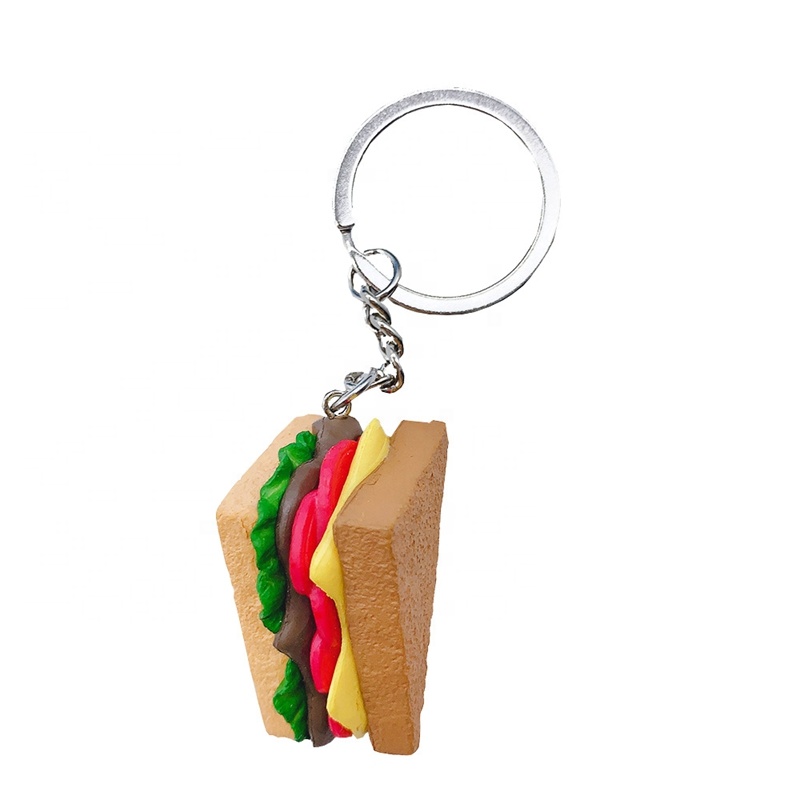 Most Popular Mini Toy Sandwich Bag Hanging Keychain PVC Material Pretend Food Keyrings, Hamburger Keychain
