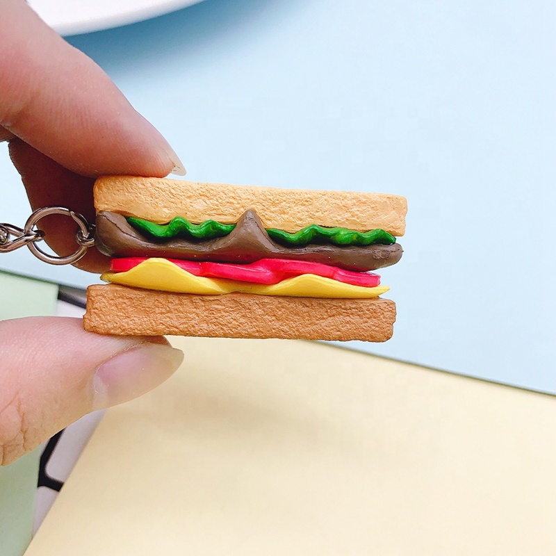 Most Popular Mini Toy Sandwich Bag Hanging Keychain PVC Material Pretend Food Keyrings, Hamburger Keychain